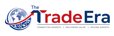 The Trade Era logo with globe, export arrow, medical, Ayurveda, food and trade symbols representing Indian export solutions for global buyers.