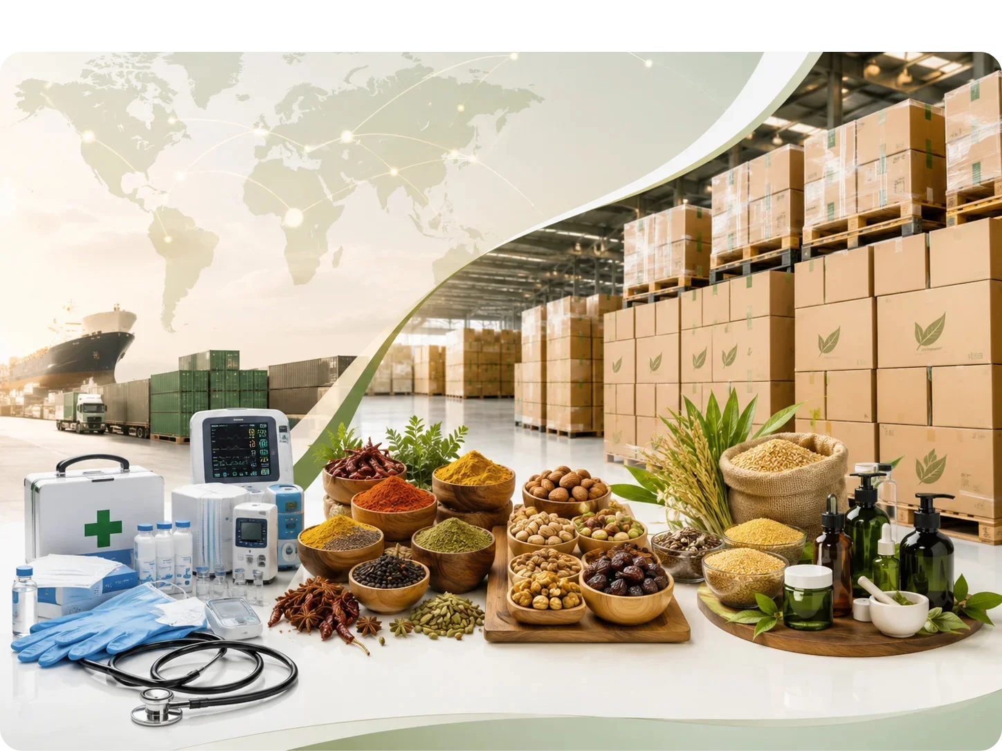 Professional global export business image showing medical supplies, Indian spices, dry fruits, millets, Ayurvedic products, warehouse cartons, shipping containers, and world map for The Trade Era.
